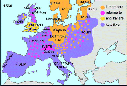 KLIKK her for strre kart som viser reformasjonens utbredelse omkring 1560.